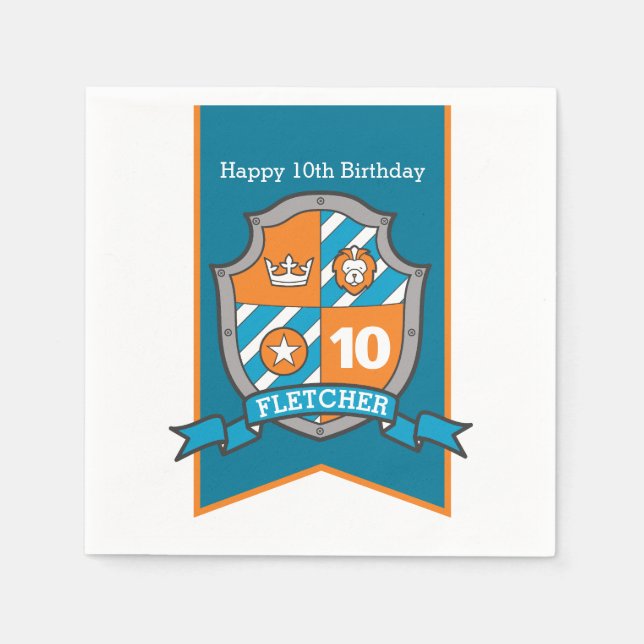 Knight shield 10th birthday boys party napkins (Front)