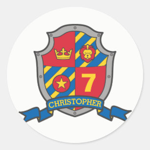 Knight shield custom name birthday party stickers