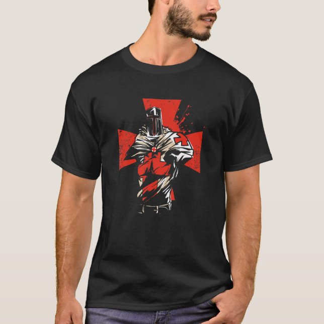 Knight Templar With Crusader Helmet And Templar Cr T-Shirt (Front)