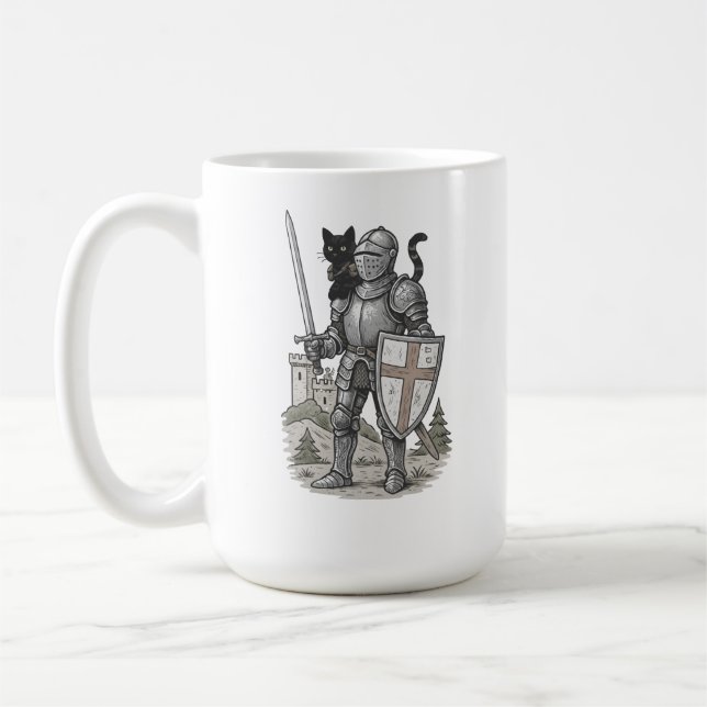 Knight With  Black Cat Medieval Coffee Mug (Left)