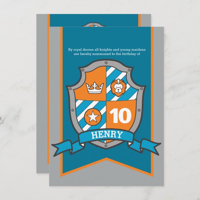 Knights mediaeval shield kids 10th birthday invite (Front/Back)