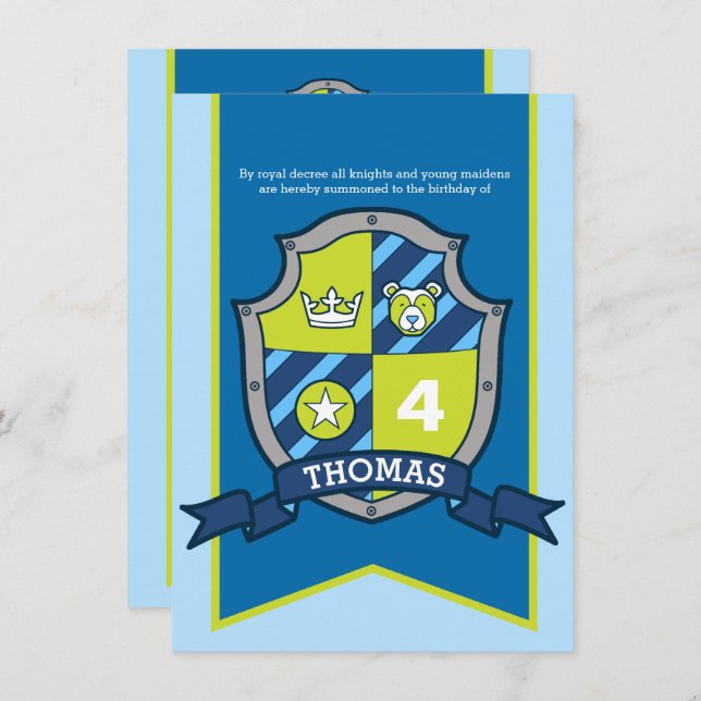 Knights mediaeval shield kids 4th birthday invites (Front/Back)