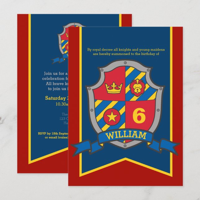 Knights mediaeval shield kids 6th birthday invites (Front/Back)