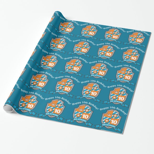 knights shield boys 10th birthday wrapping paper (Unrolled)