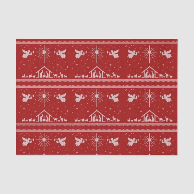 Knit Nativity Ugly Christmas Sweater Religious Red Tissue Paper (Front)