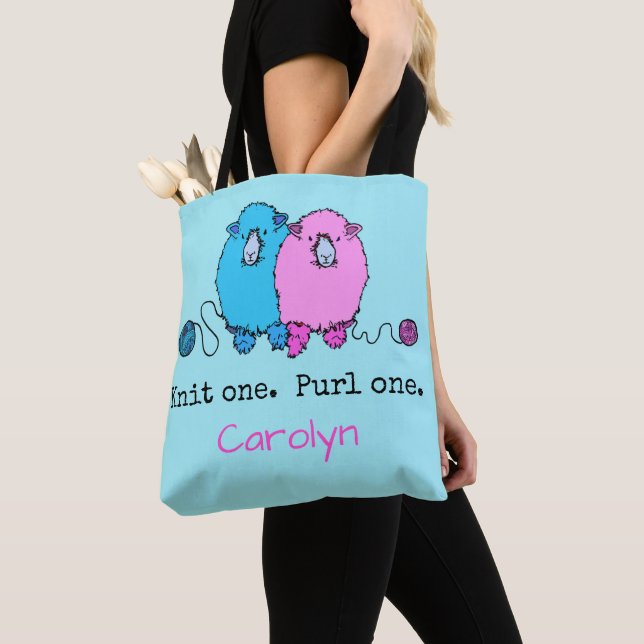Knit one  Purl one.  Fun fluffy sheep personalised Tote Bag (Close Up)