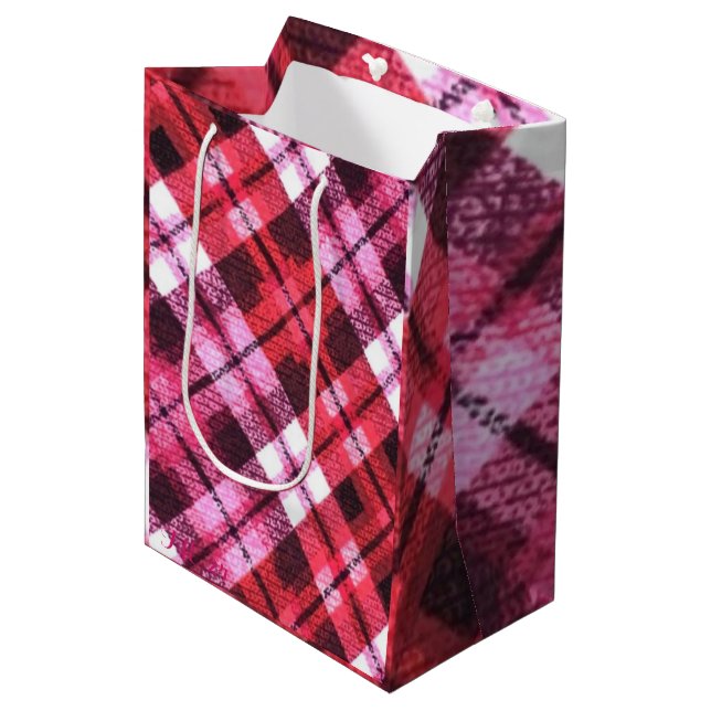 Knit Plaid Tartan Check Pink White Wine Pattern Medium Gift Bag (Front Angled)