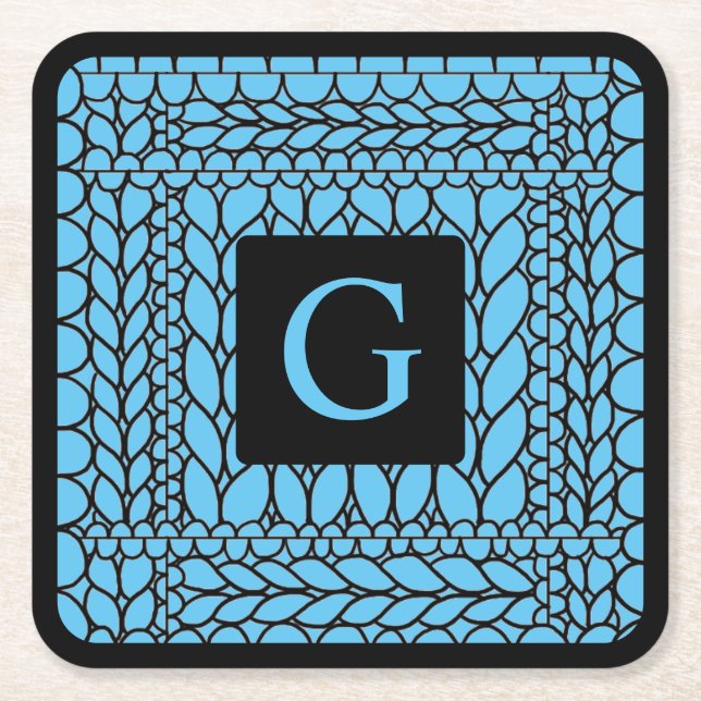 KNIT PURL BLUE Square Paper Coasters + Initial II  (Front)