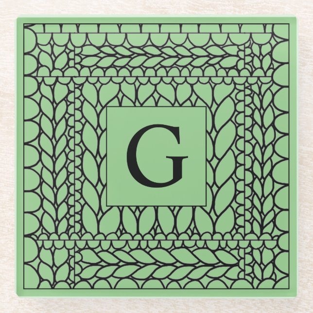 KNIT PURL SAGE Glass Drink Coaster + Initial  (Front)