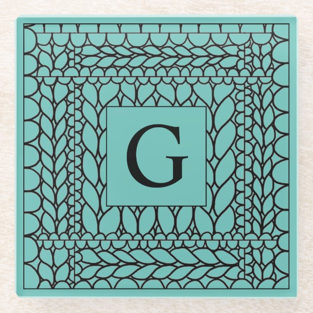 KNIT PURL TEAL Glass Drink Coaster + Initial  (Front)