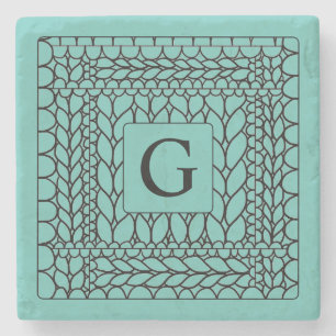 KNIT PURL TEAL Marble Stone Coaster + Initial 