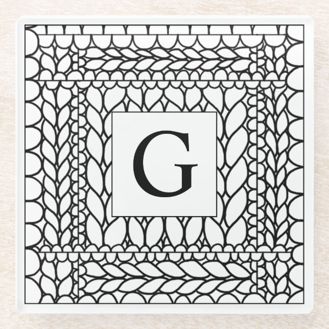 KNIT PURL WHITE Glass Drink Coaster + Initial (Front)