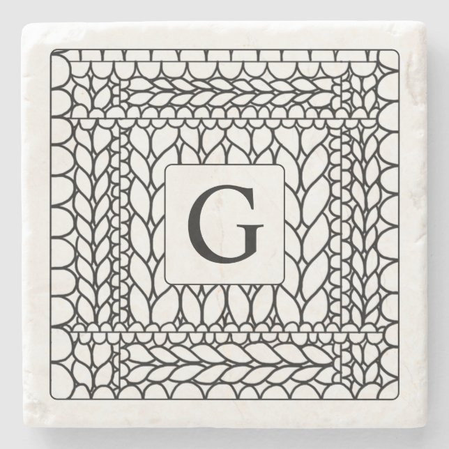 KNIT PURL WHITE Marble Stone Coaster + Initial (Front)