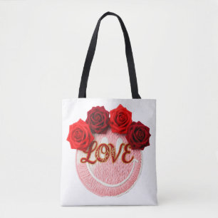 Knit Smiley Face Red Rose Love Valentine Floral T- Tote Bag