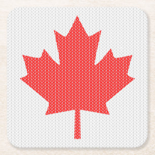 Knit Style Maple Leaf Knitting Motif Square Paper Coaster
