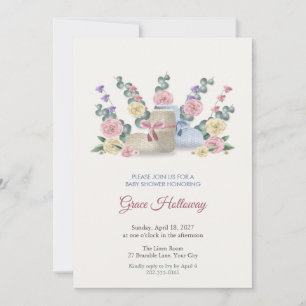 Knitted Baby Booties and Flowers Baby Shower Invitation