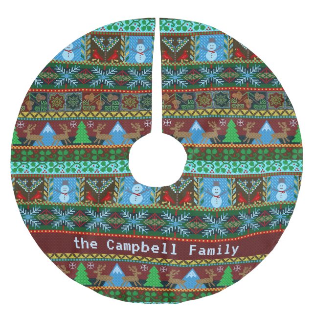 Knitted Christmas Snowmen Reindeer | Family Name Brushed Polyester Tree Skirt (Front)