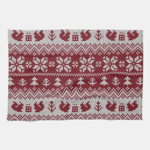 Knitted, Christmas, squirrels, vintage pattern. Tea Towel