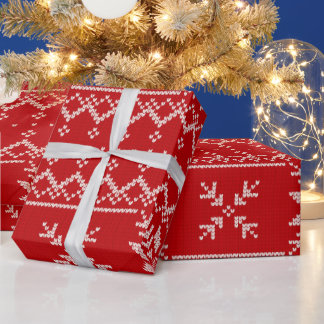 Knitted Christmas Sweater Red Poinsettia Holiday Wrapping Paper