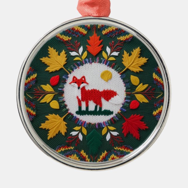 Knitted Fox Maple Leaf Woodland Round Ornament (Front)