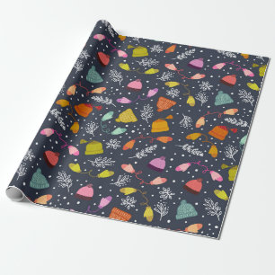 Knitted Hats and Mittens Dark Blue Winter Pattern Wrapping Paper