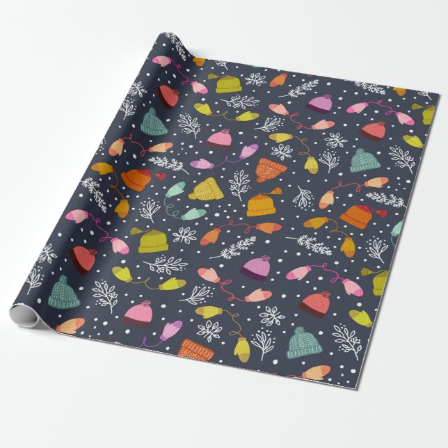 Knitted Hats and Mittens Dark Blue Winter Pattern Wrapping Paper (Unrolled)
