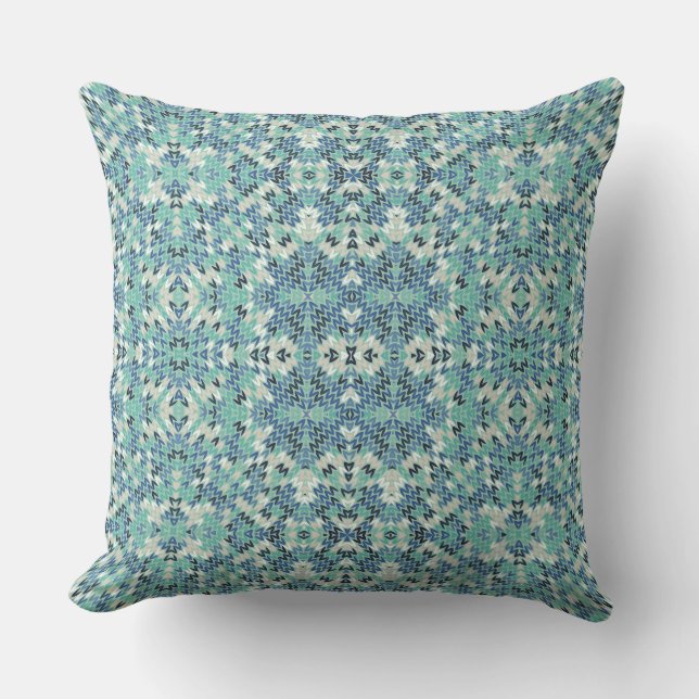 knitted knitwear geometric ornament blue, turquois cushion (Front)