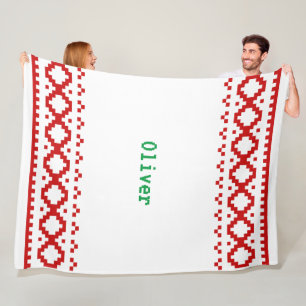 Knitted Look White with Red Pattern Borders Cosy F Fleece Blanket