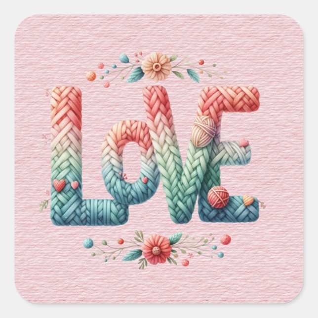 Knitted LOVE Word Blue to Pink Gradient Square Sticker (Front)