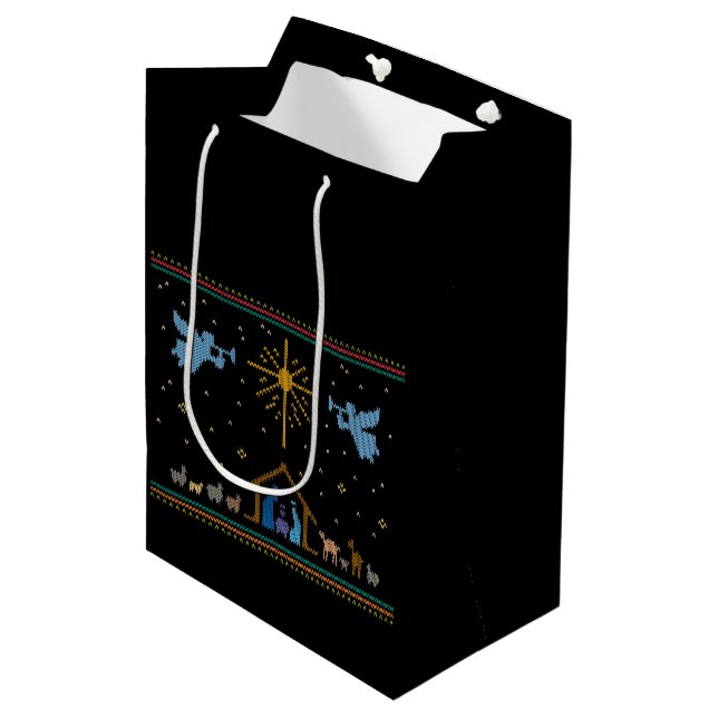 Knitted Nativity Ugly Christmas Sweater Christian Medium Gift Bag (Front Angled)