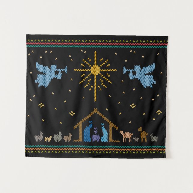 Knitted Nativity Ugly Christmas Sweater Christian Tapestry (Front (Horizontal))