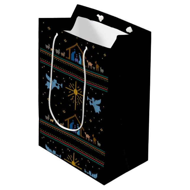 Knitted Nativity Ugly Christmas Sweater Religious Medium Gift Bag (Front Angled)