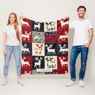 Knitted Patchwork Christmas Pattern   Rustic Fleece Blanket