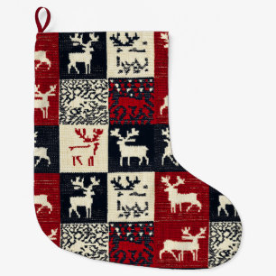 Knitted Patchwork Christmas Pattern   Rustic Large Christmas Stocking