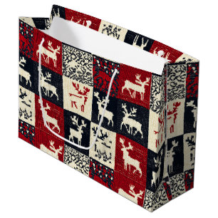 Knitted Patchwork Christmas Pattern Rustic Large Gift Bag