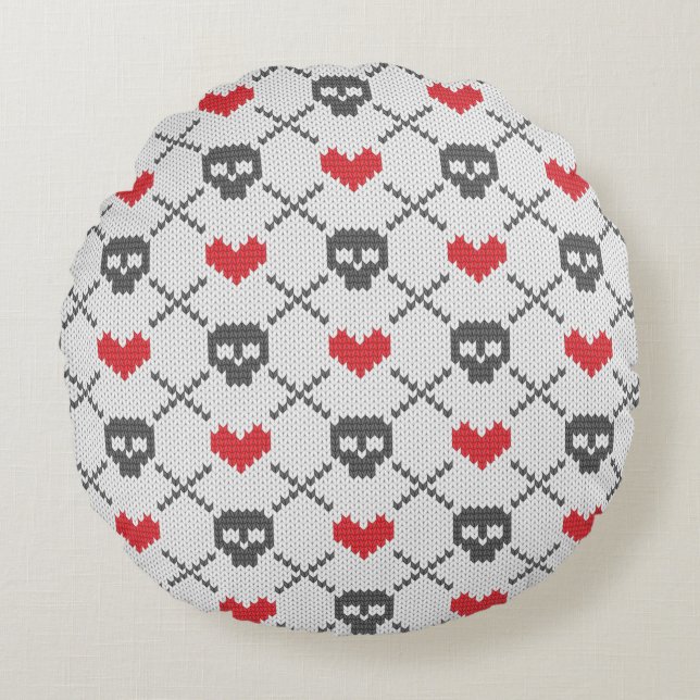 Knitted pattern with skulls round cushion (Front)