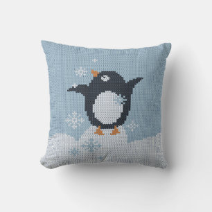 Knitted Penguin Snowflakes Winter Holidays  Cushion
