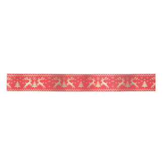 Knitted red and gold deers pattern satin ribbon