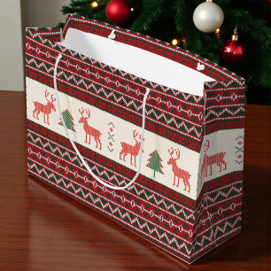 Knitted Reindeer Christmas Tree Pattern   Holidays Large Gift Bag