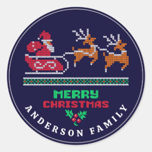 Knitted Santa Reindeer Sleigh Merry Christmas Blue Classic Round Sticker