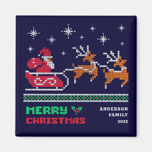 Knitted Santa Sleigh on Navy Blue Merry Christmas Magnet