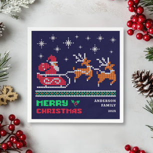 Knitted Santa Sleigh on Navy Blue Merry Christmas Napkin