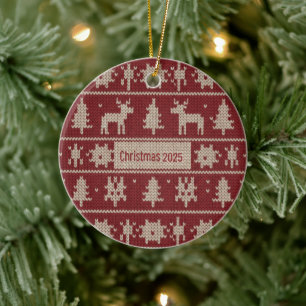 Knitted Sweater Pattern Classic Red & Cream Fair Ceramic Tree Decoration