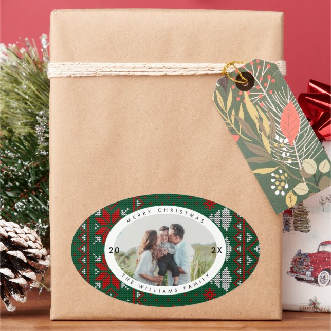 Knitted Sweater Pattern Photo Oval Sticker (Holiday)