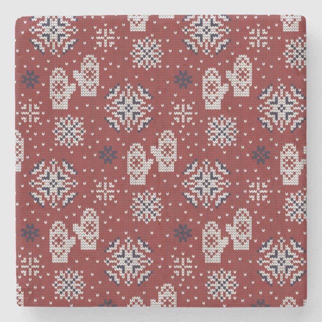 Knitted Winter Christmas Decorative Pattern Stone Coaster (Front)