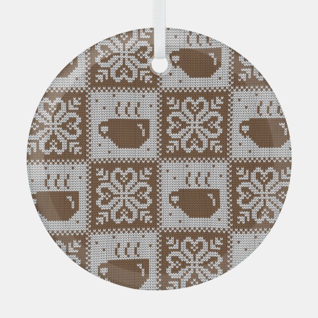 Knitted winter cups: hot beverage pattern. glass tree decoration (Front)
