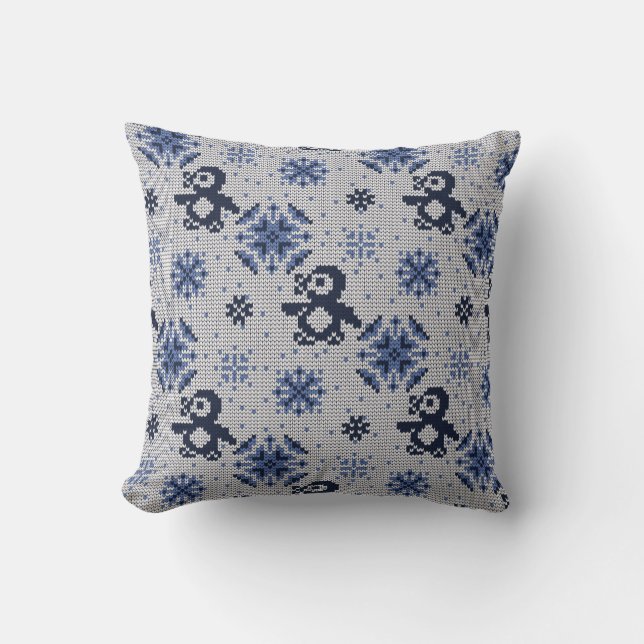 Knitted Winter Penguins Decorative Pattern Cushion (Front)