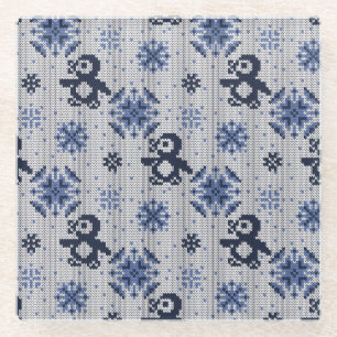 Knitted Winter Penguins Decorative Pattern Glass Coaster