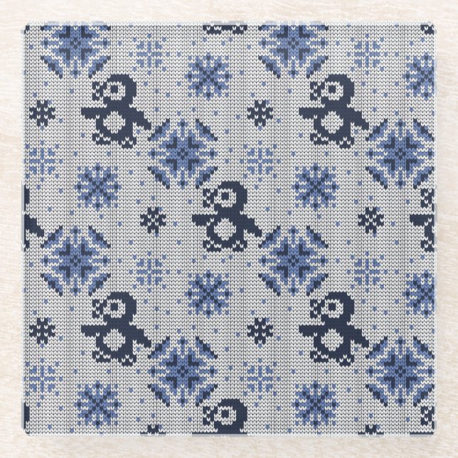 Knitted Winter Penguins Decorative Pattern Glass Coaster (Front)