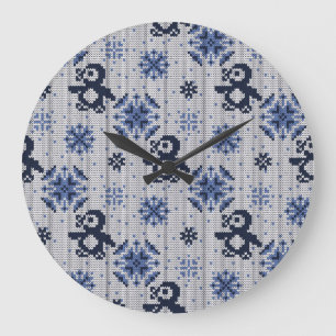 Knitted Winter Penguins Decorative Pattern Large Clock